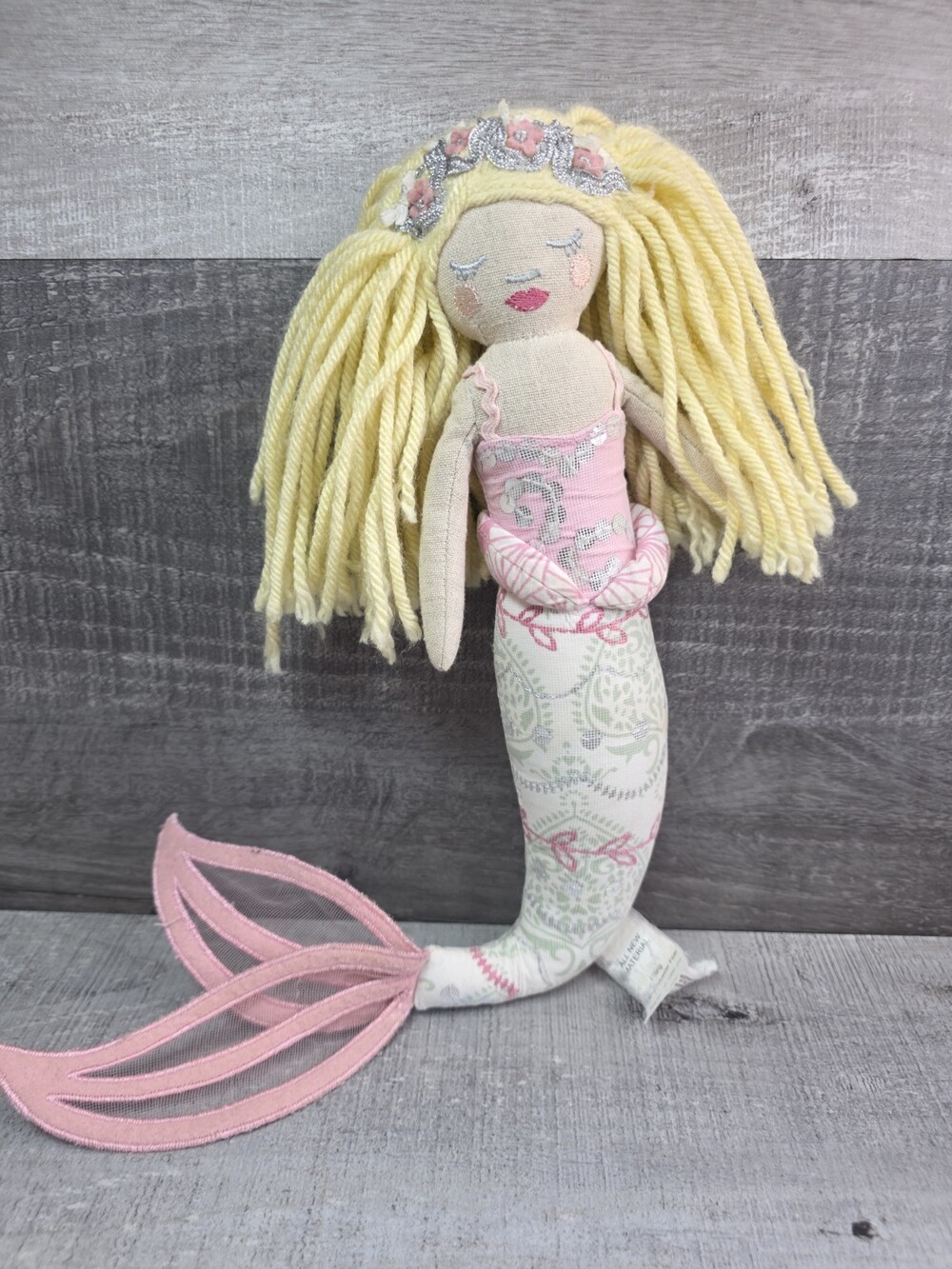 14" Elegant Pottery Barn Kids Mermaid Sirene Doll Blonde Pink Sequins Linen b110